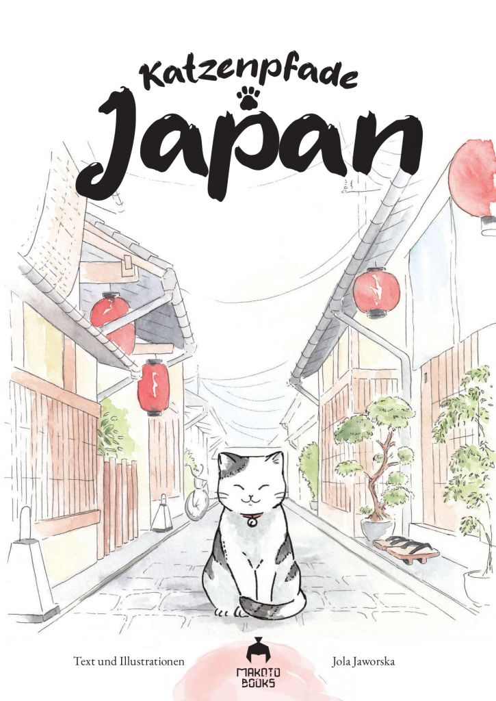 Buchcover: »Katzenpfade: Japan« – gezeichnete Katze in einer Gasse mit roten Laternen.