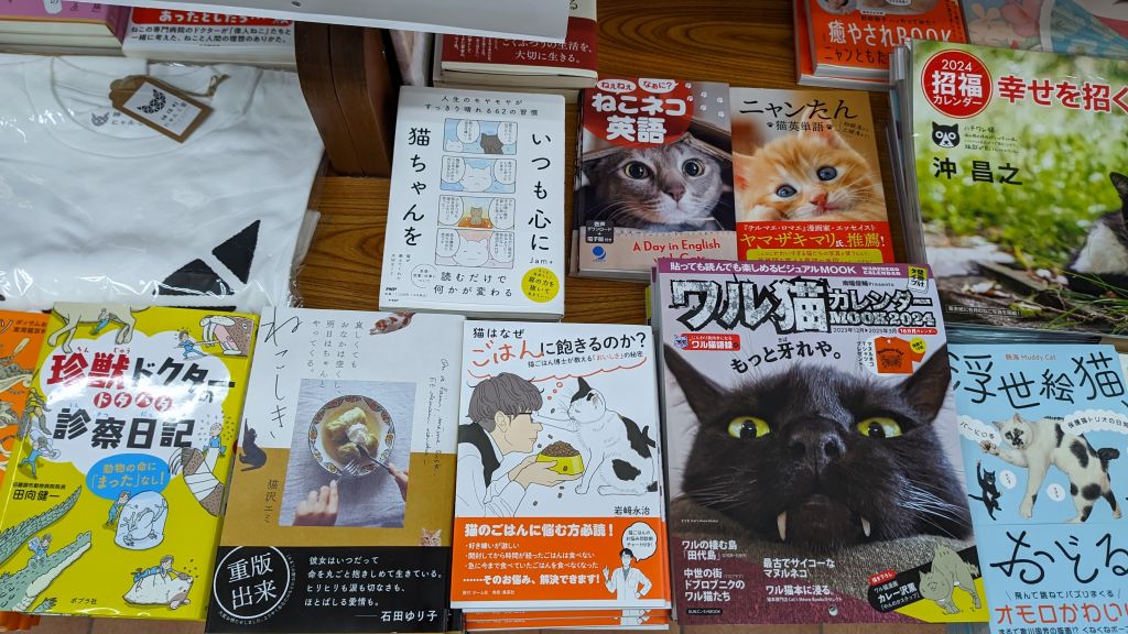 Nahaufnahme eines Tisches mit mehreren japanischen Büchern über Katzen, die nebeneinander ausgelegt sind.